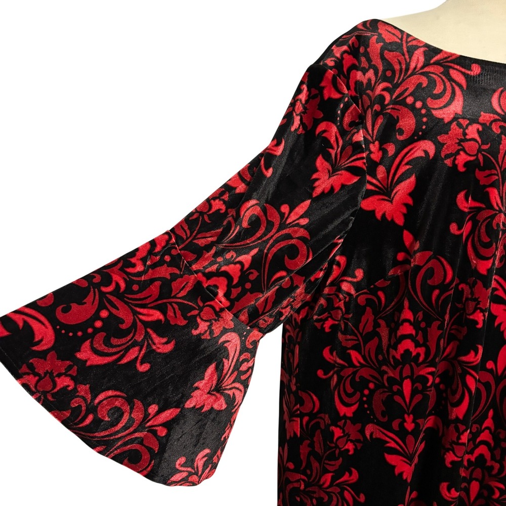 Studio One 22W Velvet Burnout Dress Red Black Whimsigoth Damask Bell‎ Sleeve - Picture 3 of 15